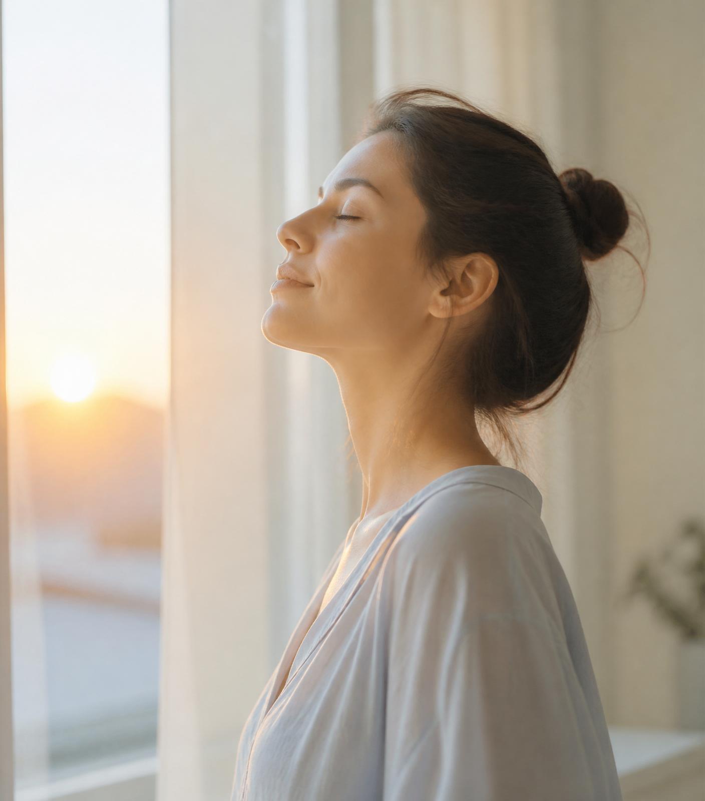 Uma mulher respirando serenamente junto à janela ao amanhecer